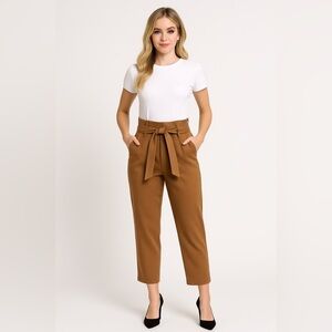 Ecla Camel Ankle Length Cropped Paperbag Tie Waist Slacks